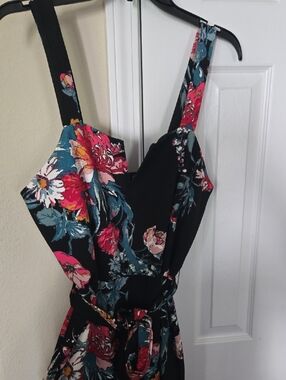 Xhilaration Black Floral Jumpsuit with Pink and Teal Accents